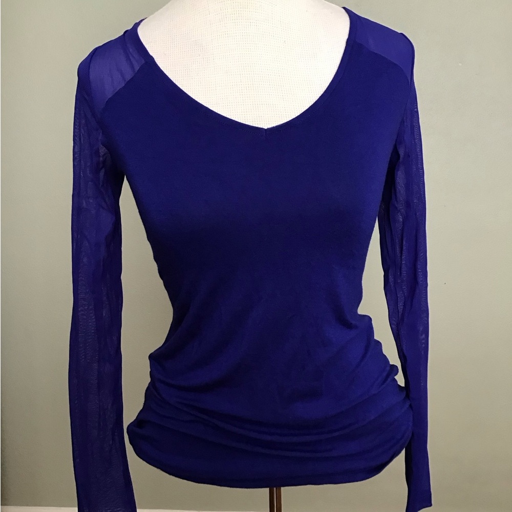 INC Electric Blue V-neck Top Long Mesh Sleeves Women's Small